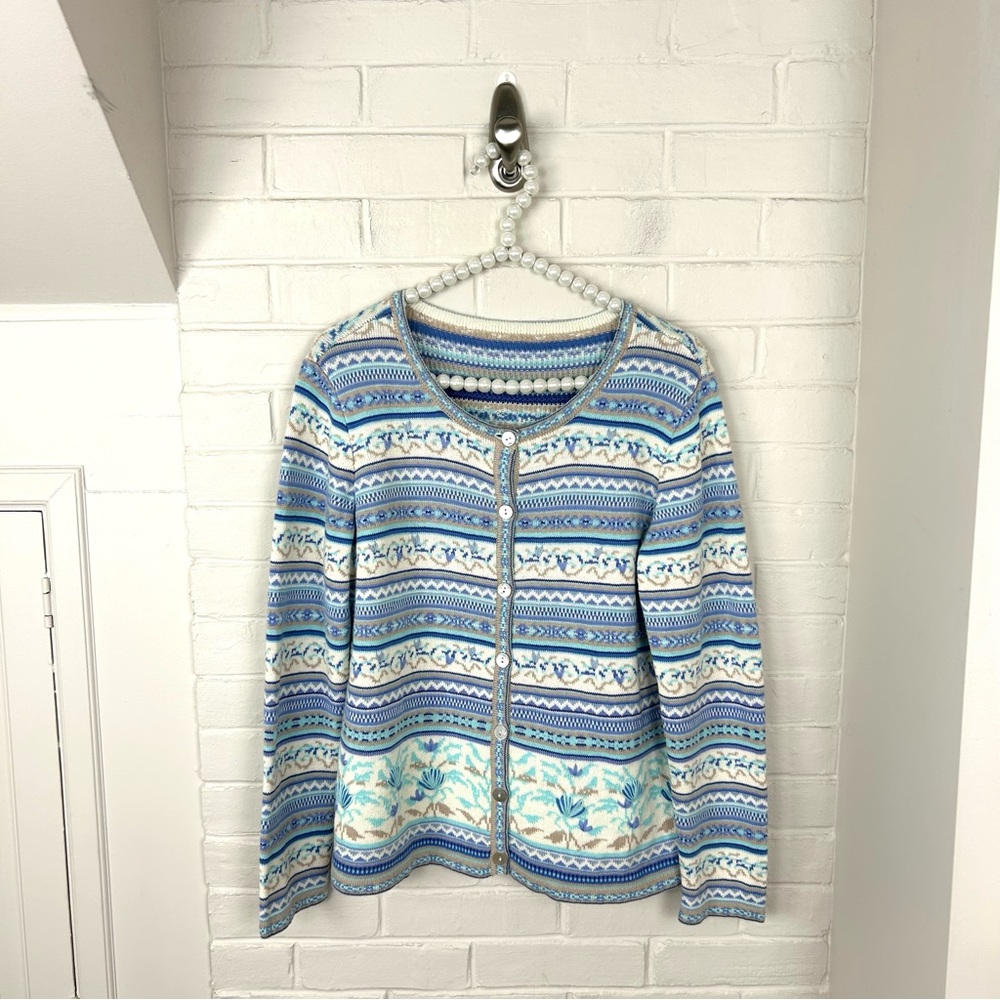 Blue Patterned Knit Cardigan Sweater